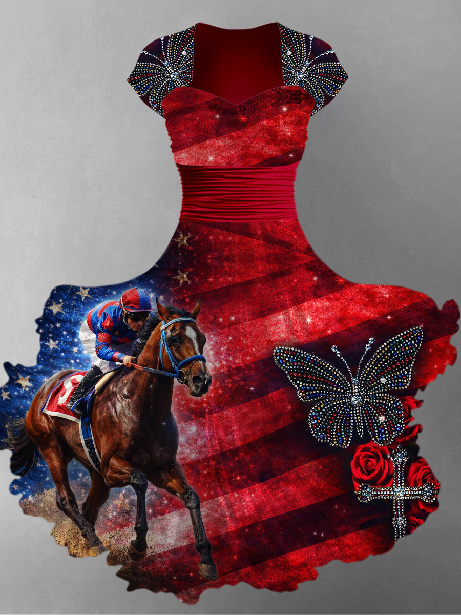 Retro Derby Horse Art Printed Vintage V-Neck Pleated Waist Short Sleeve Midi Dress